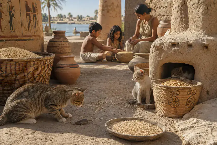 Ancient Egyptian Cats protecting grain from mice