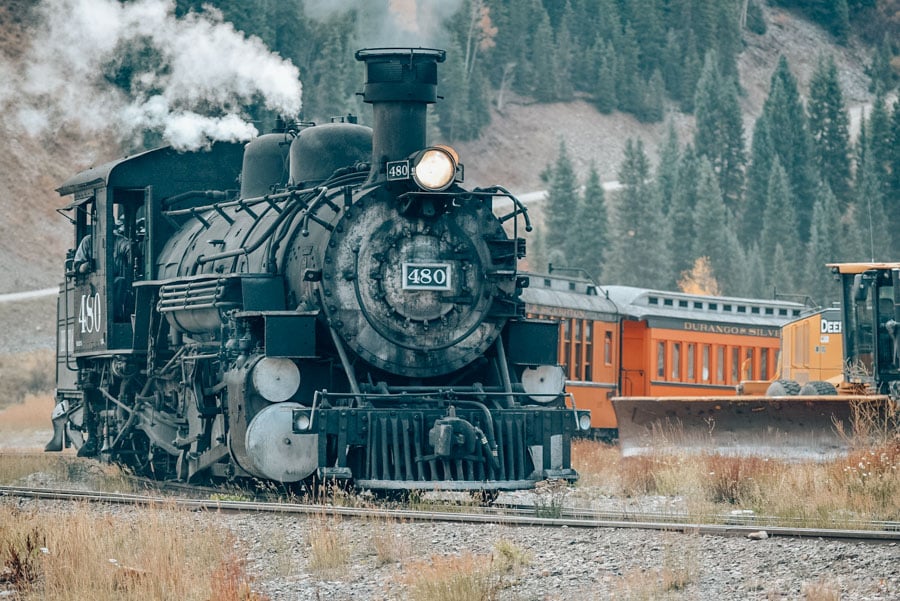Hop on the Durango Silverton railroad train, which has been running through the Colorado countryside since 1882.