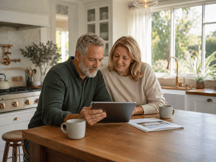 A Couple in North park reviewing real estate documents in sunlit Craftsman kitchen