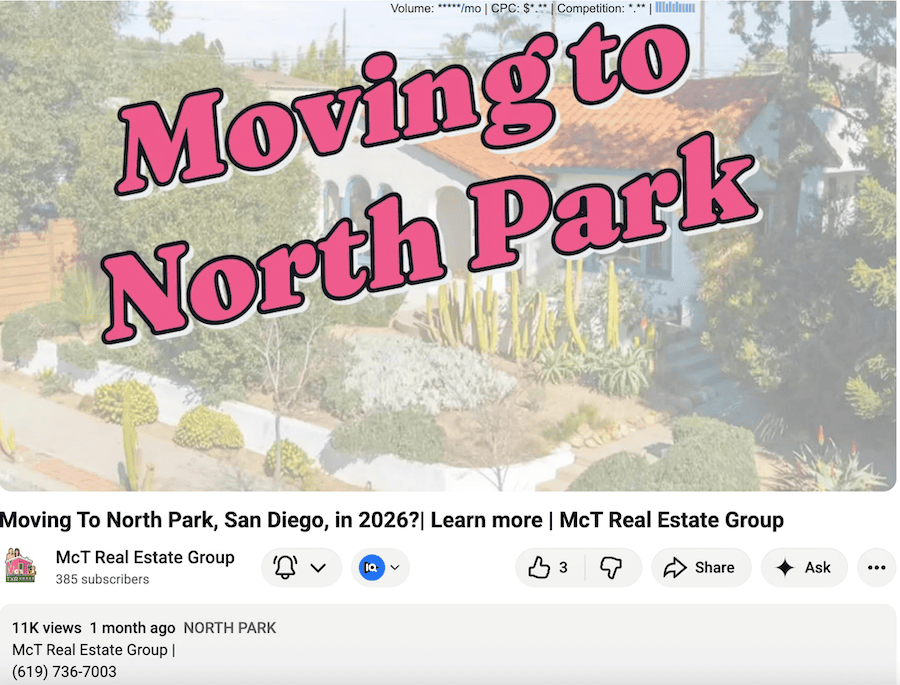 Aerial view of a Spanish-style home with red tile roof and drought-tolerant landscaping in North Park San Diego featured in McT Real Estate Group video