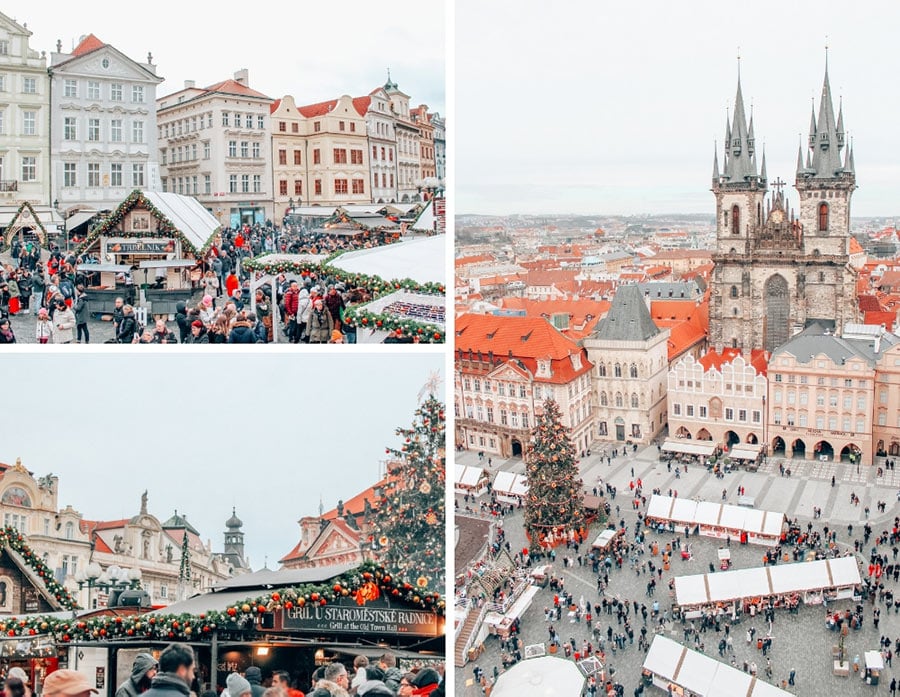 Candy colored buildings behind the Prague Christmas Markets in January.