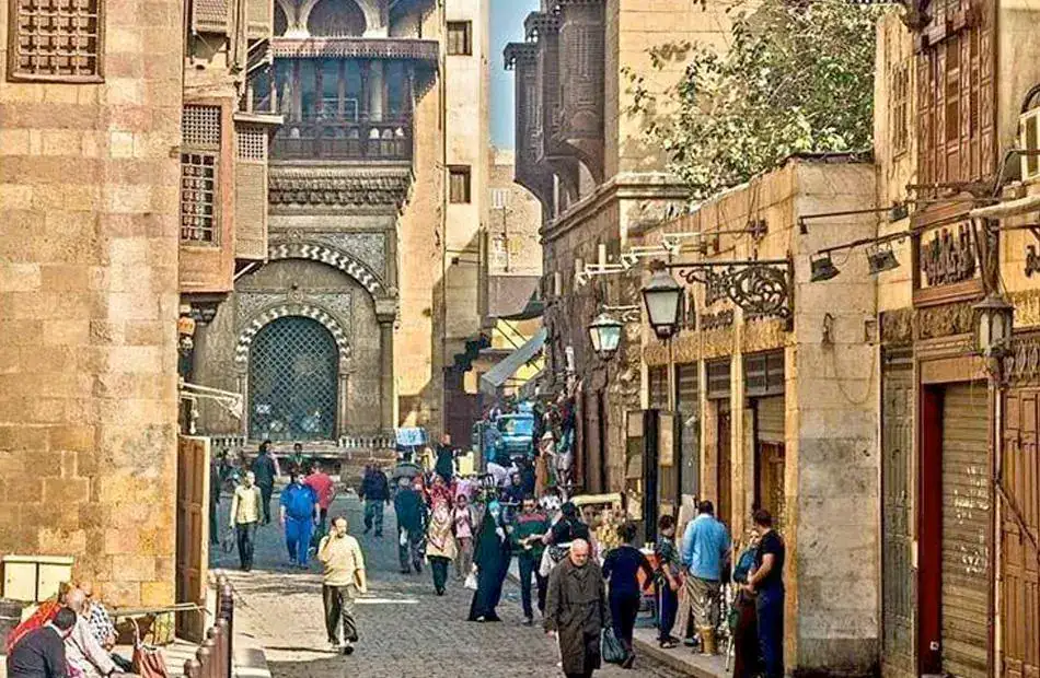 Ornate medieval buildings along Al-Muizz Street