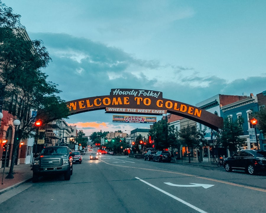 Golden, Colorado welcome sign at twilight.