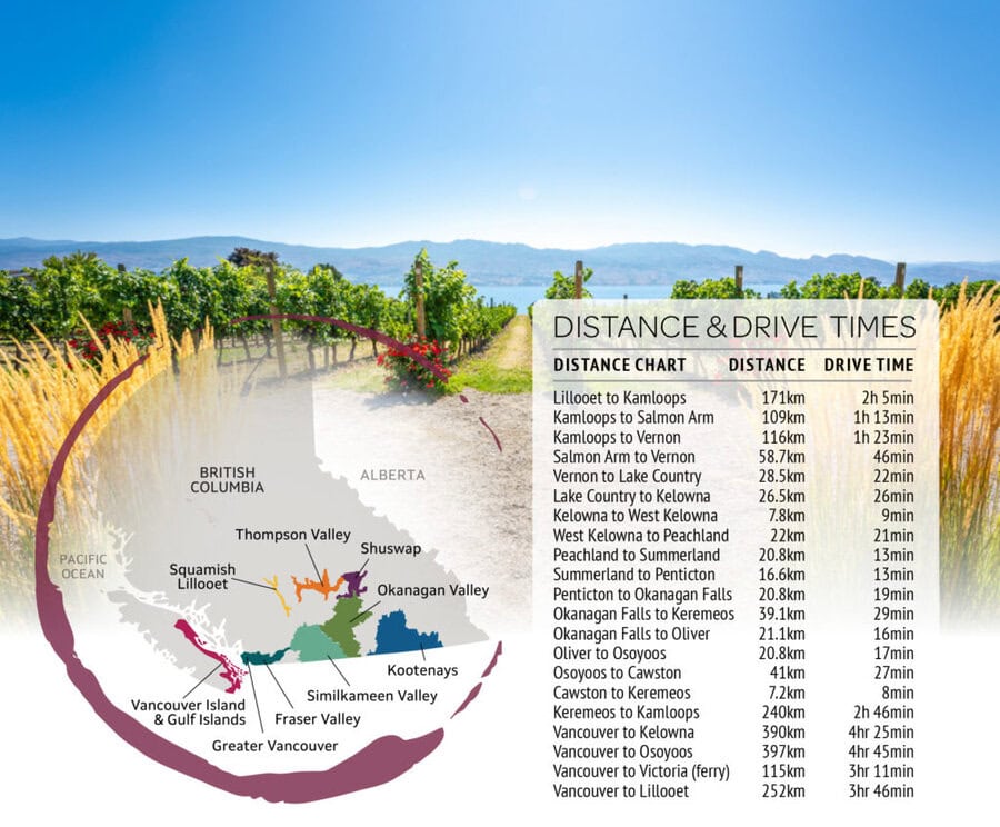 BC wine region map and driving time chart