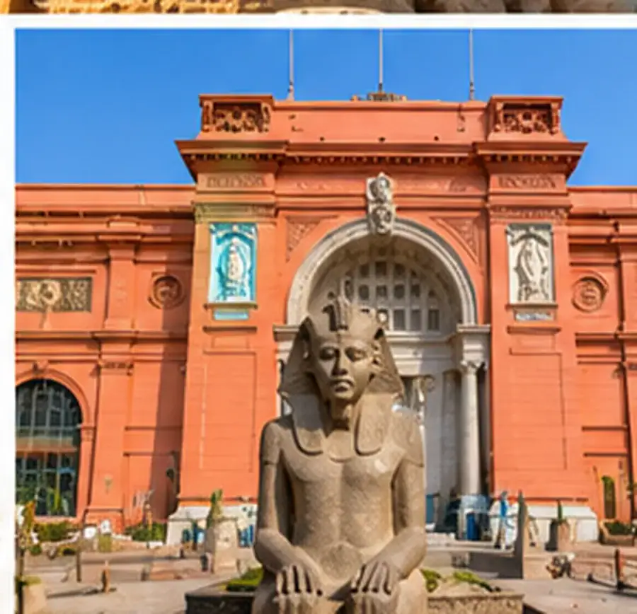 Egyptian Museum entrance and ancient statue in Cairo