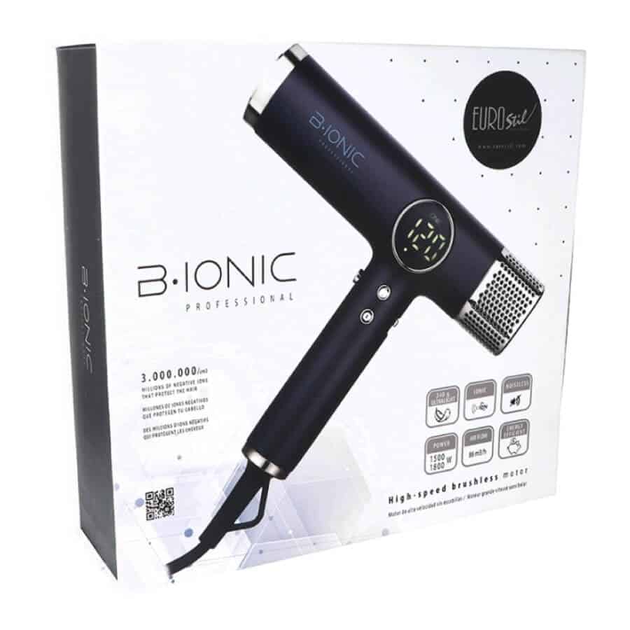 Imatge que mostra la caixa de l'assecador Bionic de Eurostil Caixa secador de cabell B-IONIC Professional. Assecador de cabell (secador de cabell en format col·loquial) també anomenat eixugacabells, eixugador de mà o assecador de mà.