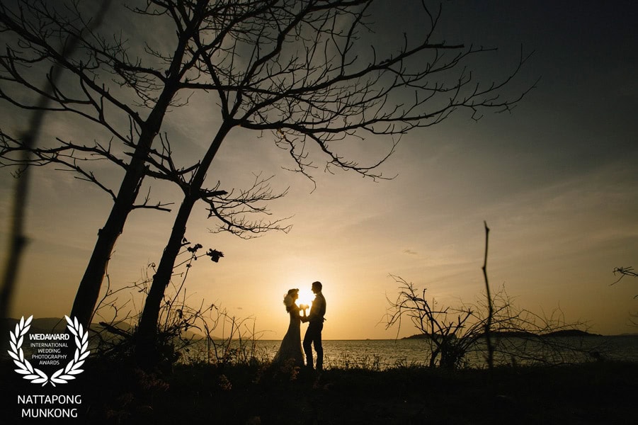 Couple silhouetted beneath coastal trees at sunset, a Wedaward-winning photograph by Nattapong Munkong