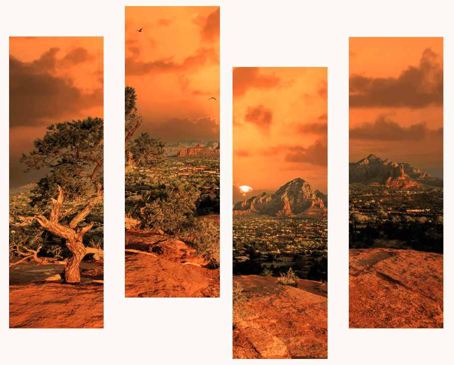 Screenshot 2025-08-22 at 1.01.45 PM Sedona Red Rock cityscape of a fiery Arizona sunset, panoramic desert landscape view from the mountains, shown in four vertical split images