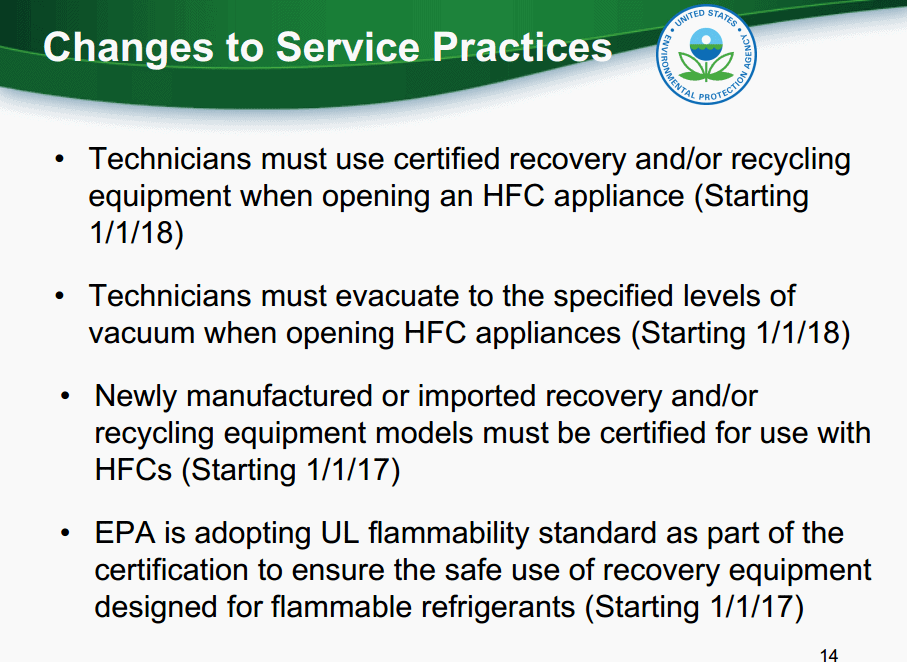 EPA Changes to Refrigerant Service Practices