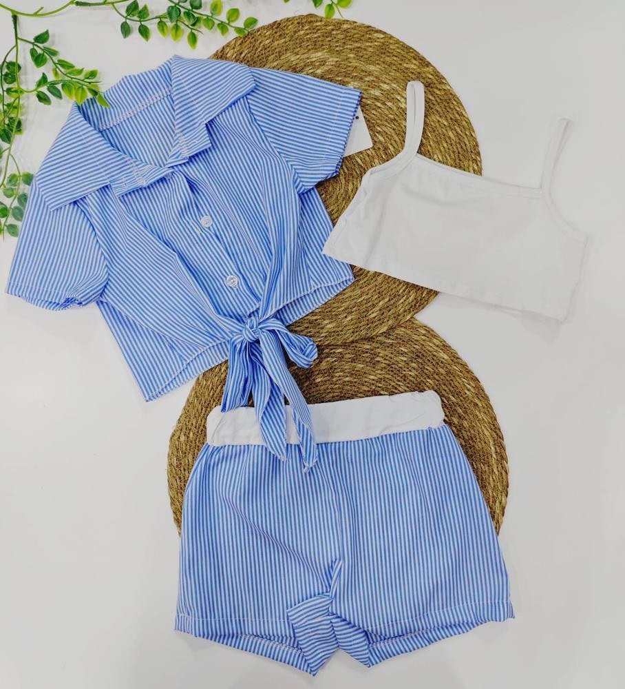 Conjunto 3 pzs camiseta y top pantalón azul rallas