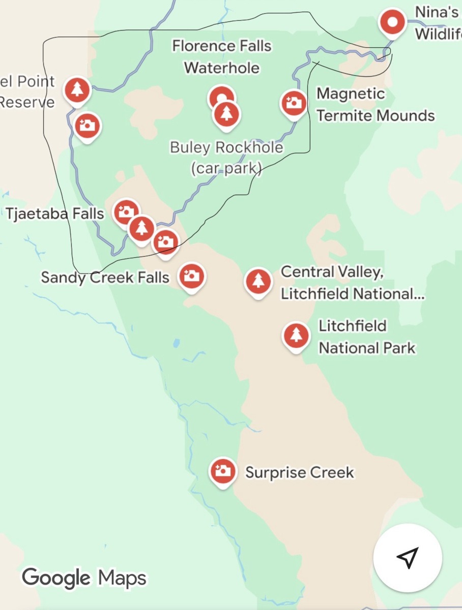 Map with circled attractions for a Litchfield half-day itinerary