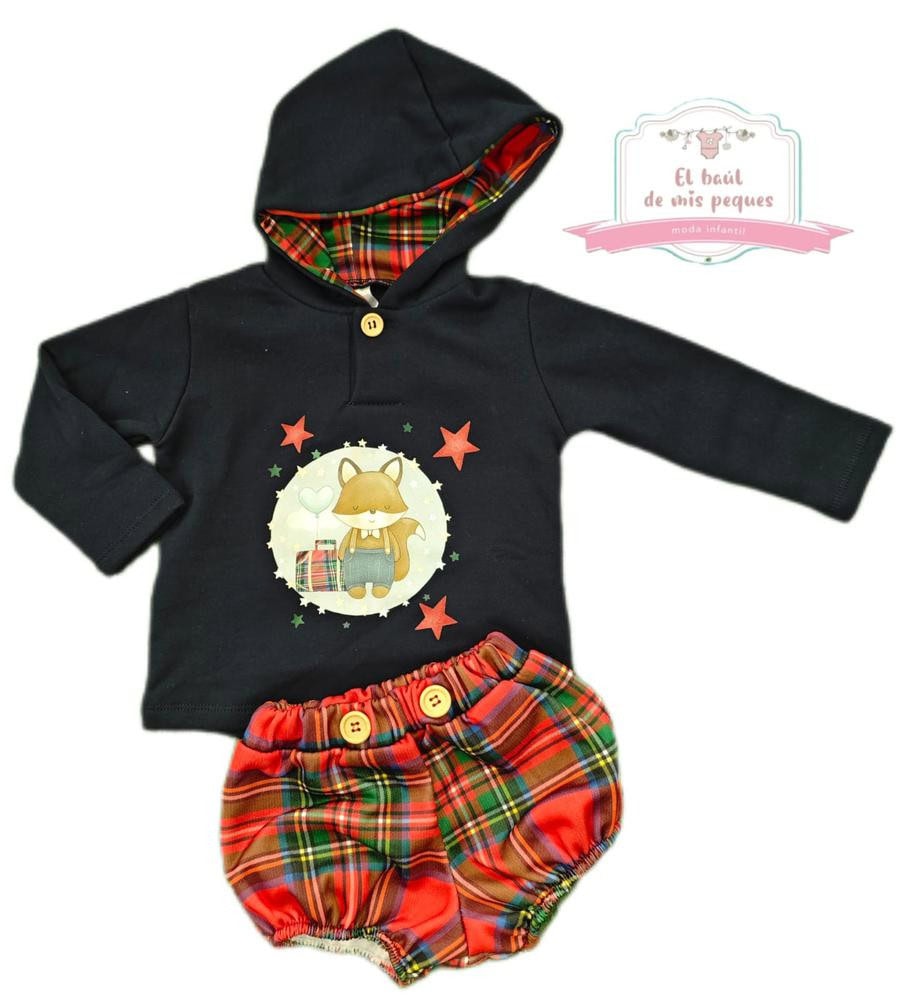 Conjunto sudadera y pololo cuadros rojos zorrito