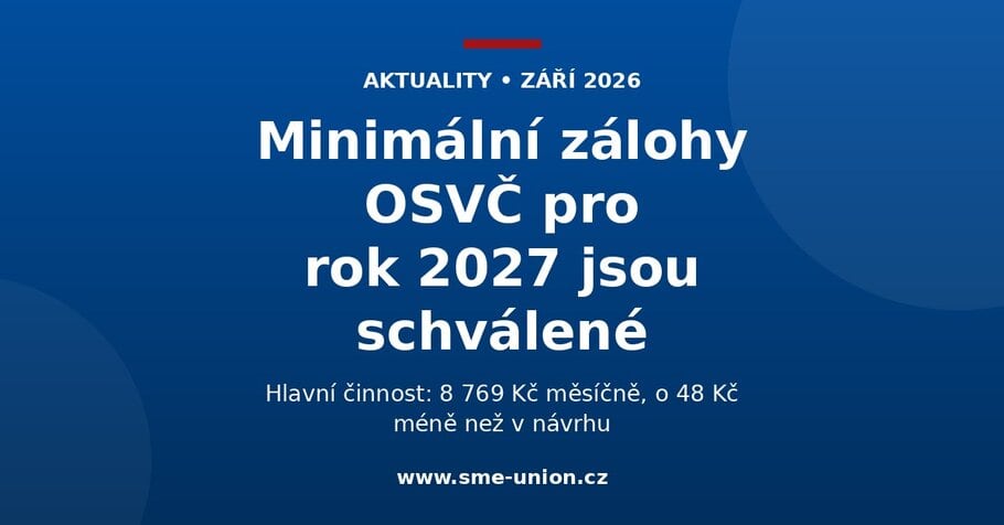 Banner aktuality: Minimální zálohy OSVČ pro rok 2027 jsou schválené. Hlavní činnost 8 769 Kč měsíčně, o 48 Kč méně než v návrhu.