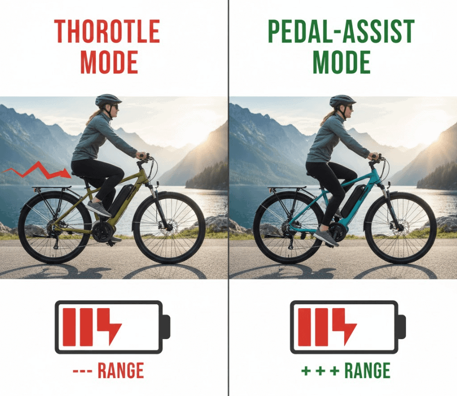 E-bike range comparison showing high power draw from throttle mode versus lower power use and longer range with pedal-assist (PAS).