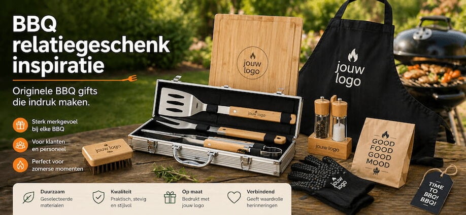 BBQ relatiegeschenken met logo zoals barbecue set, tang en schort