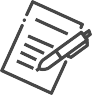 A simple dark grey line icon of a pen writing on a piece of paper.