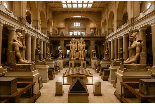 Grand hall with pharaonic statues and display cases