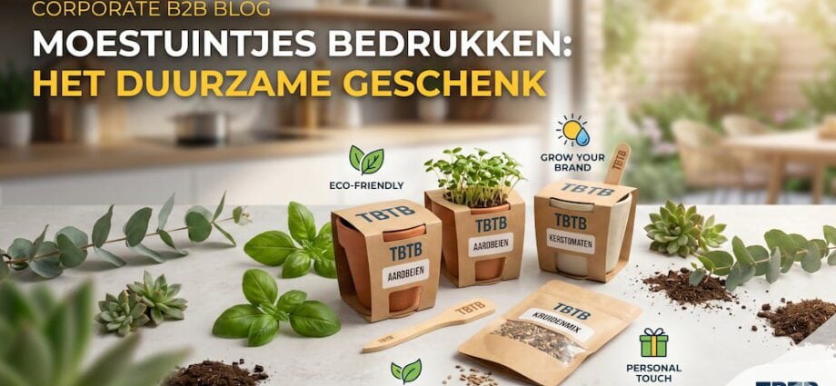 Premium bedrukte moestuintjes en kweeksets met TBTB logo als duurzaam relatiegeschenk.