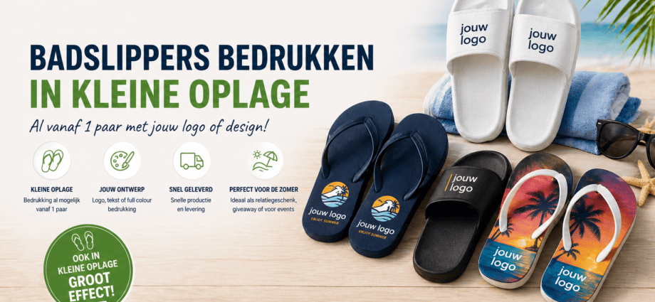 Badslippers bedrukken met logo in kleine oplage als relatiegeschenk