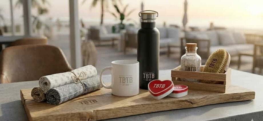 Luxe landschappelijke checklist van premium en duurzame TBTB relatiegeschenken voor 2026 inclusief bedrukte drinkflessen en mokken in een zakelijke groene setting.