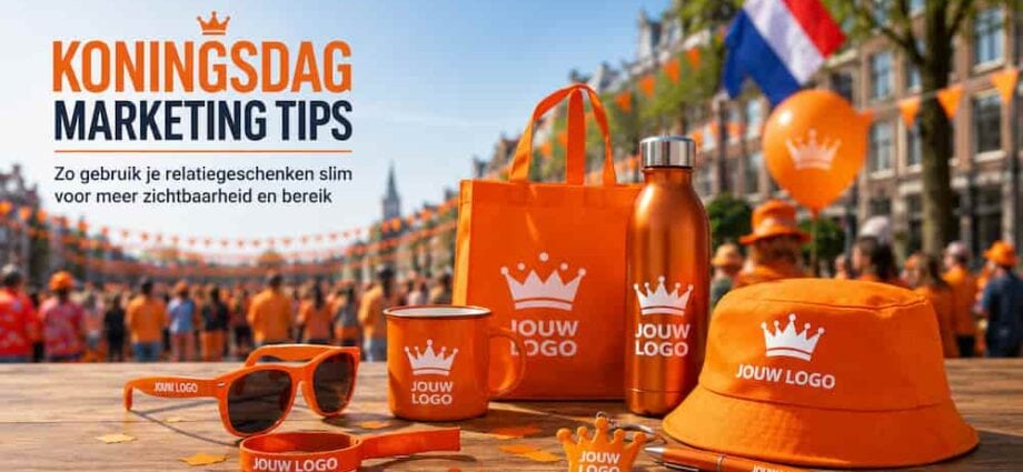 Luxe landschappelijke presentatie van oranje Koningsdag marketing artikelen waaronder een zonnebril en pet met een realistisch TBTB logo in een sfeervolle oranje setting.
