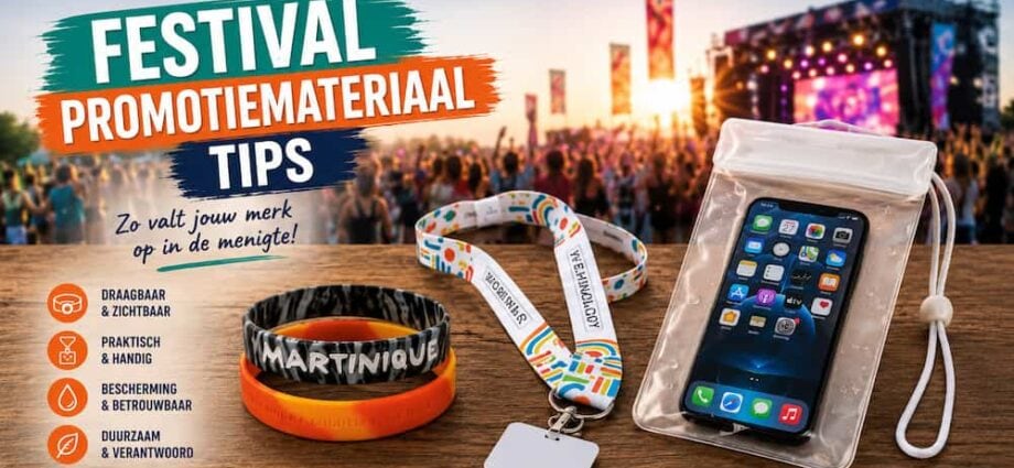 Luxe landschappelijke presentatie van festival promotiemateriaal met siliconen polsbandjes, lanyards en waterdichte telefoonhoesjes met TBTB logo.