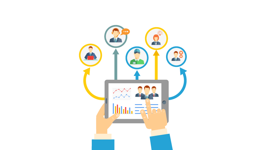 Two hands using the tablet version of a workforce management app with graphs and other related statistics