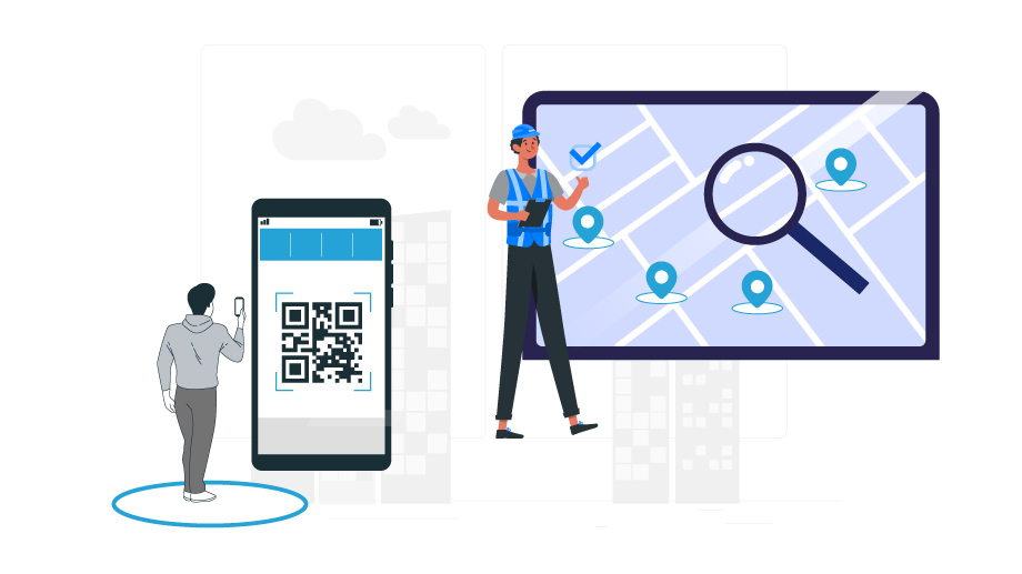 Mobile and desktop version of a mobile workforce management app with two employees using a QR code based time tracking app and a map view with magnifying glass to depict geofencing