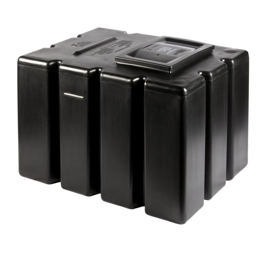 Large black rectangular plastic cold water storage tank.