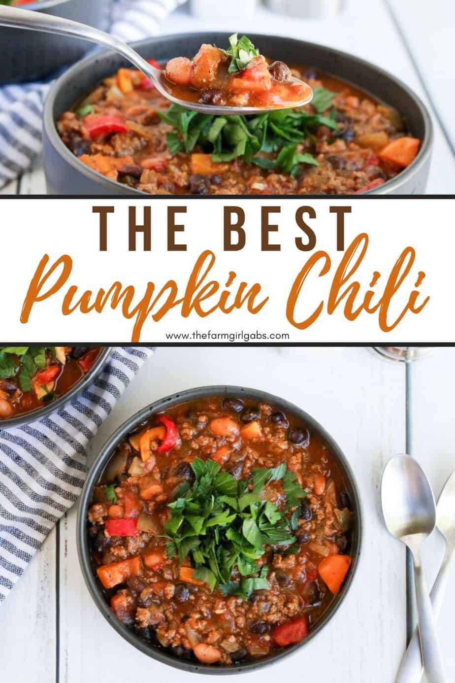 Pumpkin Chili is a delicious twist on the classic chili recipe. This easy chili recipe is made with pumpkin puree, ground beef, beans, and a simple homemade blend of chili seasonings. #pumpkinchili #chilirecipe #pumpkinrecipe