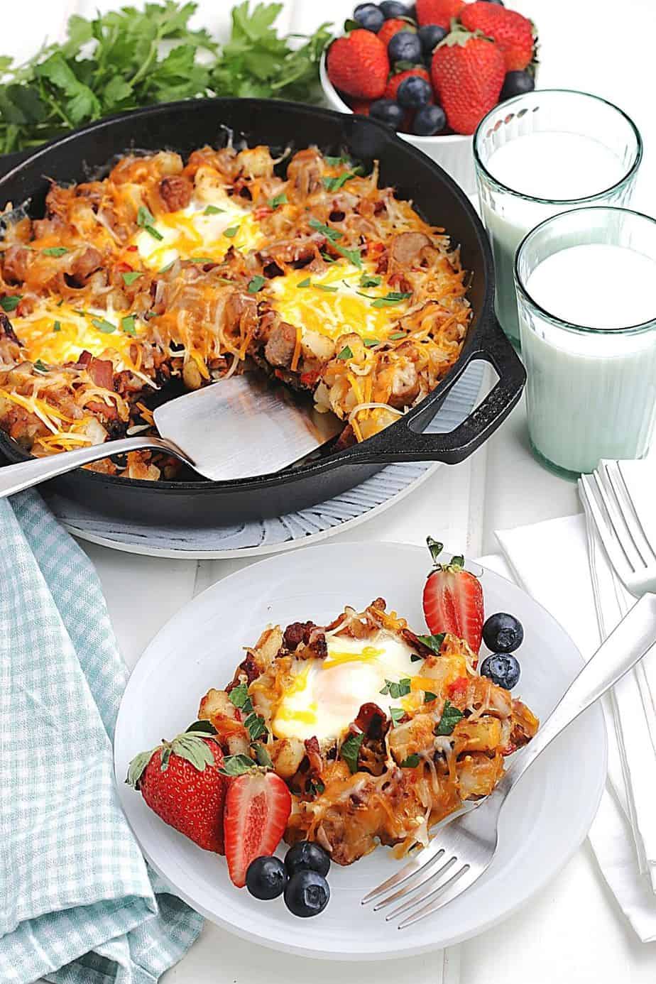 Have breakfast ready in a pinch with this Breakfast Skillet recipe. It combines classic breakfast favorites, including bacon, sausage, and eggs.