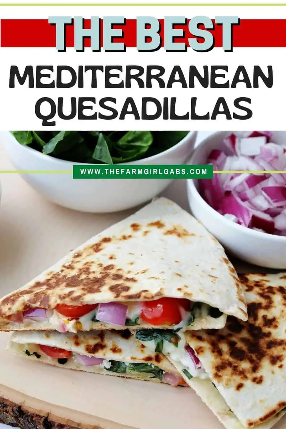 Use this Mediterranean Quesadillas recipe to prepare a cheesy meat-free meal full of fresh vegetables. These quesadillas are perfect to eat for breakfast, lunch, or dinner! This easy quesadilla recipe is a delicious meatless meal idea. It's a perfect sandwich recipe for lunch or dinner.