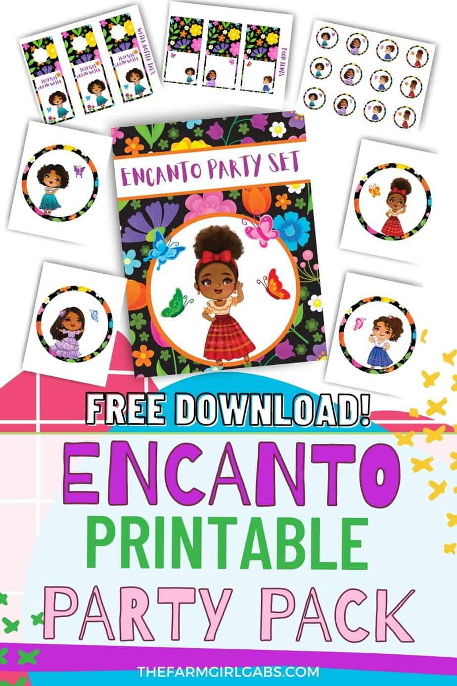 Welcome to the family Madrigal. Host a magical Encanto Birthday party this these Free Encanto Party Printables you can download. Grab these free Disney printables and have a magical Encanto Party with friends and family. Mirabel, Luisa, Isabela and Dolores are features on this printable party pack. These Encanto printables include food tents, water bottle tags, bunting and Encanto wall art. This is a fun birthday party idea for kids.