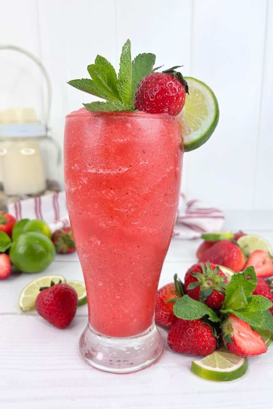 Enjoy this summertime drink that is so good! This frozen Strawberry Mojito is full of flavor and is super easy to make. This easy summer drink recipe is slightly sweet with a zesty punch from adding fresh and flavorful lime juice to the mix.