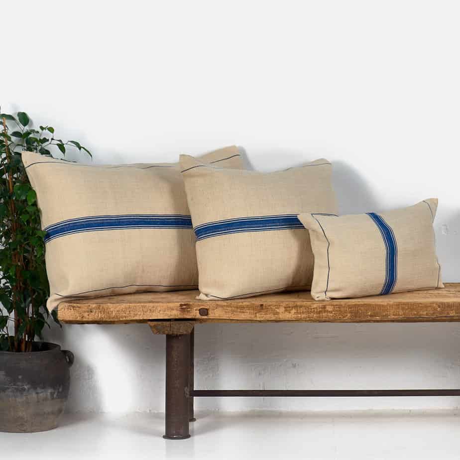 Antique blue striped linen cushion with antique blue stripes