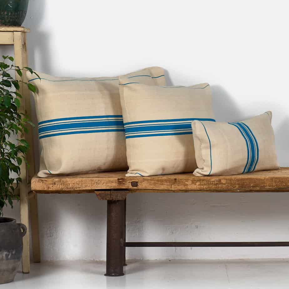 Antique linen turquoise blue striped cushion