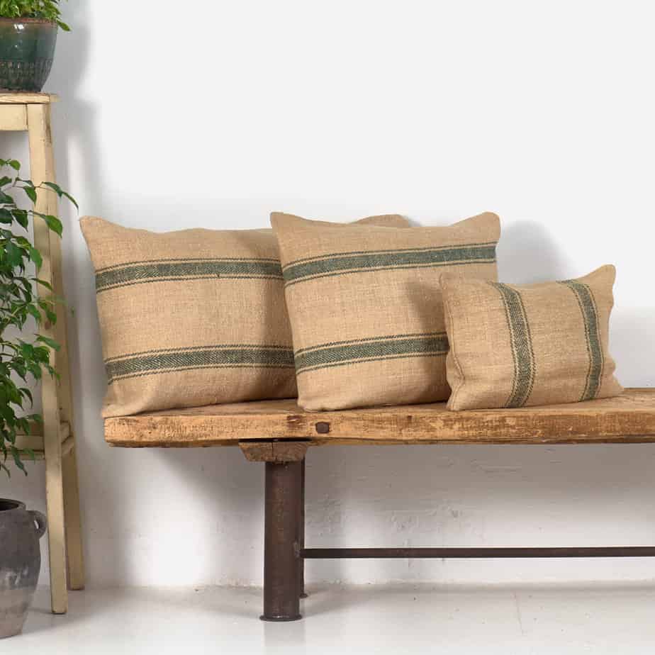 Antique linen green striped cushion