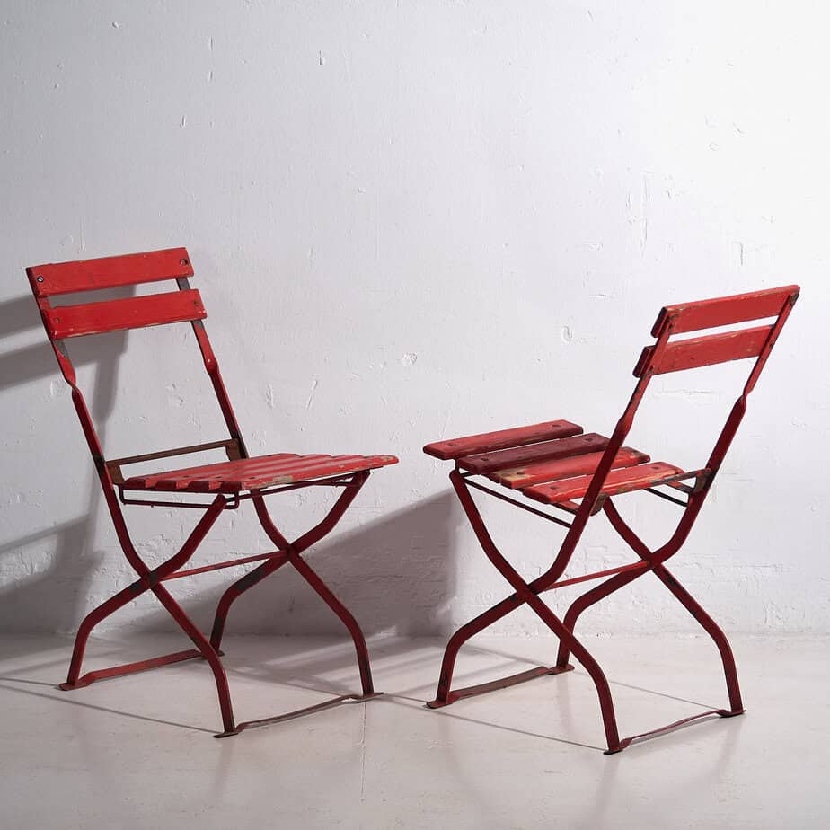 Antique outdoor folding chairs in red color (c.1920). Set of 2 pieces #28