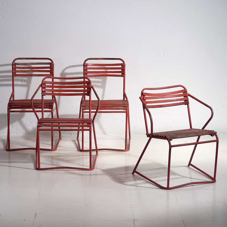 Anciennes chaises de jardin rouges (c.1920). Ensemble de 4 pièces #37