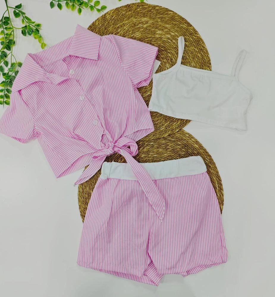 Conjunto 3 pzs camiseta y top pantalón rosa rallas