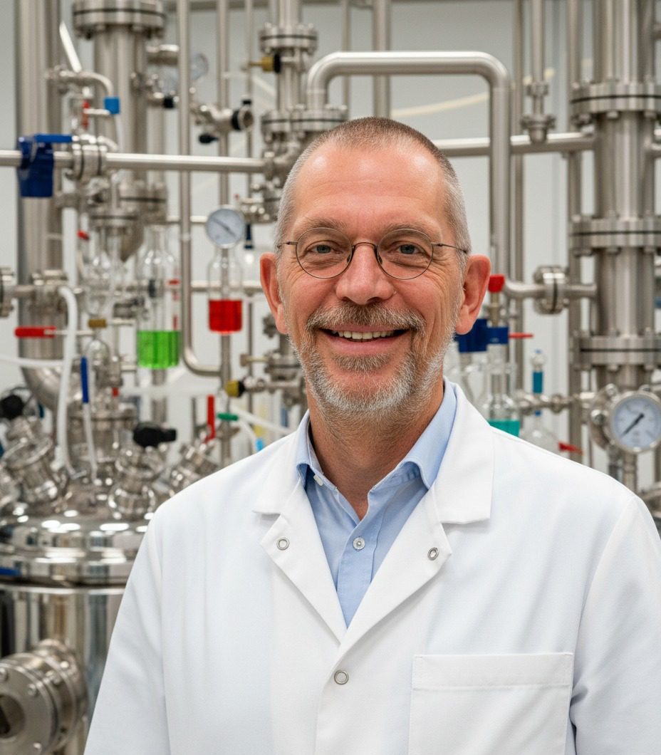 Dr Frank Peter mit Laborkittel in einer Chemiefabrik