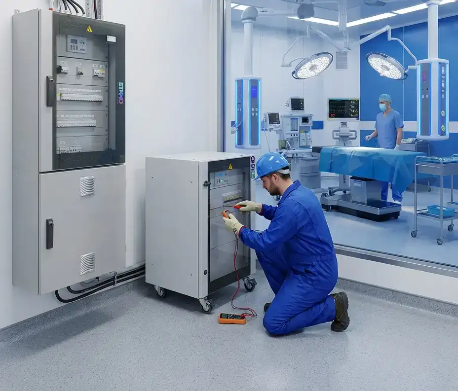 Technician measuring grounding in a hospital electrical system