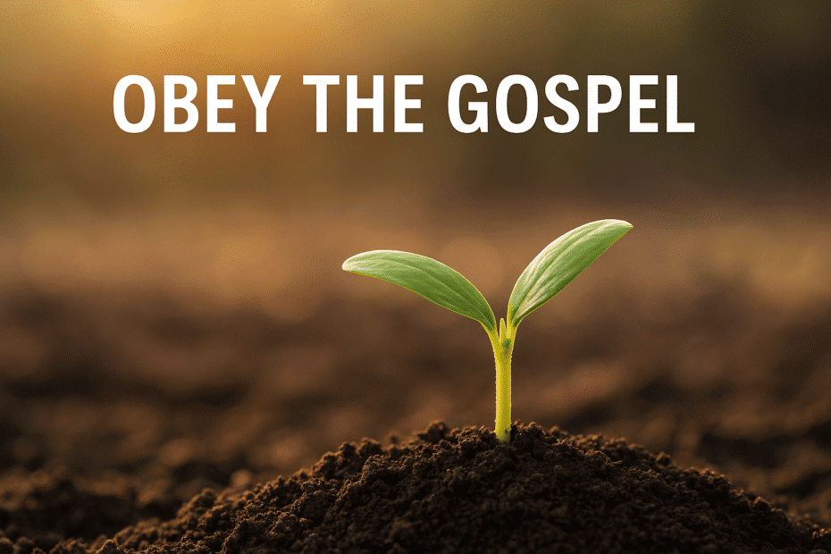 Seedling sprouting from soil with sunlight, symbolizing new life through obeying the gospel.