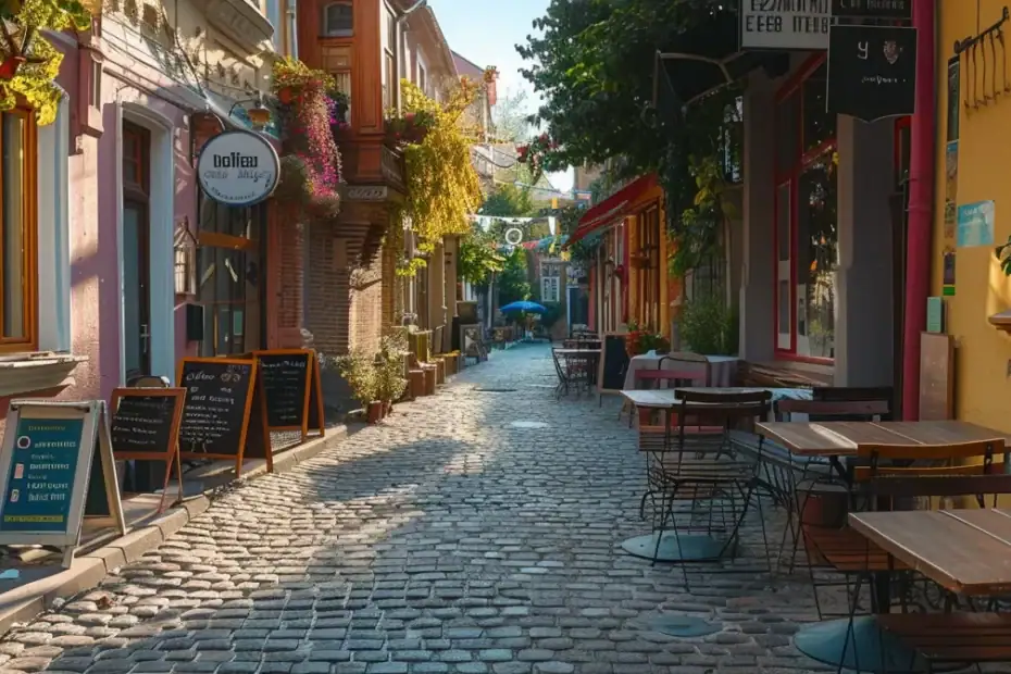 a serene, cobblestone street lined with colorful buildings, leading to a hidden gem of a cafe, where travelers leisurely sip coffee while planning their next adventure.
