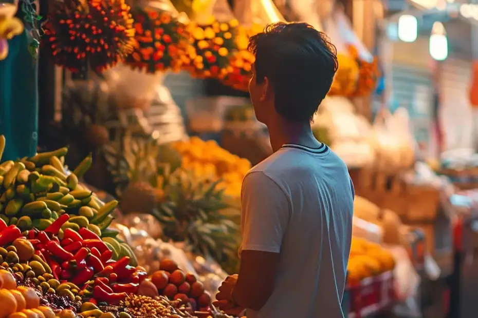 a traveler immersed in conversation with locals in a bustling market, surrounded by vibrant colors and exotic produce.