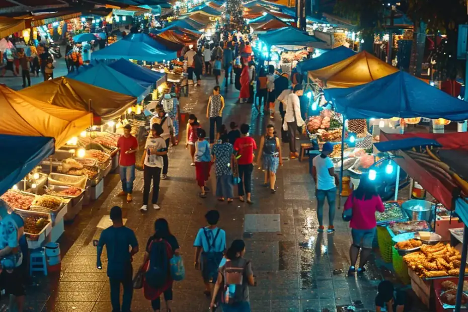 a bustling night market filled with colorful stalls selling sizzling, aromatic halal street food delights in penang.