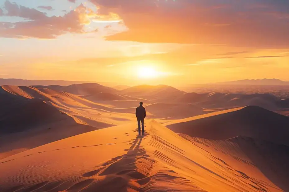 a lone figure standing at the edge of a vast desert landscape under a brilliant sunset, embodying the freedom and growth of nomadic living.
