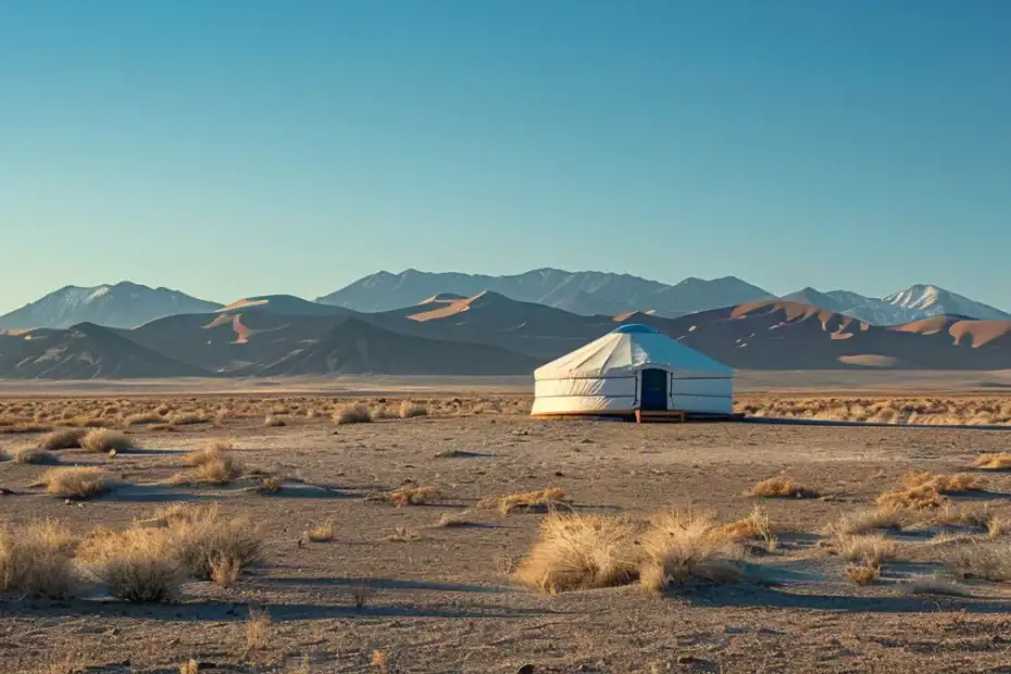 a serene desert landscape with a small, off-grid eco-friendly yurt nestled among rolling sand dunes under a clear blue sky.