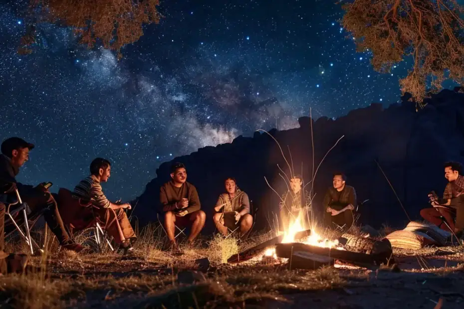 a diverse group of nomads sitting around a campfire sharing stories and laughter under a starlit sky.