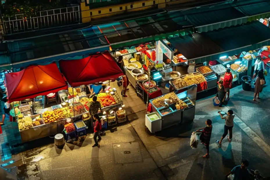 a bustling night market in penang filled with colorful stalls selling an array of mouthwatering vegetarian street food delights.